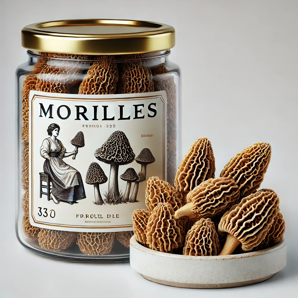 Un bocal en verre avec un couvercle doré rempli de morilles séchées. L'étiquette du bocal affiche uniquement le mot 'Morilles' en police élégante. À côté du bocal, une assiette en céramique blanche contient des morilles séchées, mettant en valeur leur texture ridée et leur couleur brune terreuse. L'arrière-plan est épuré pour mettre en avant le produit.