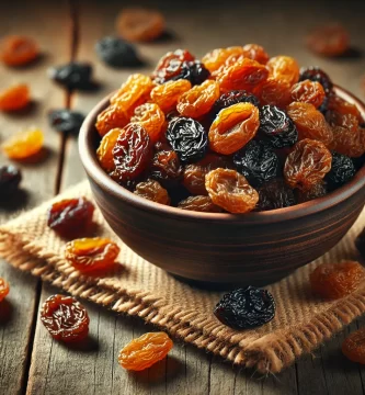 Un bol en céramique rempli de raisins secs dorés et noirs, posé sur une table en bois rustique avec quelques raisins dispersés autour. L'éclairage chaleureux met en valeur leur texture ridée et leur couleur naturelle.
